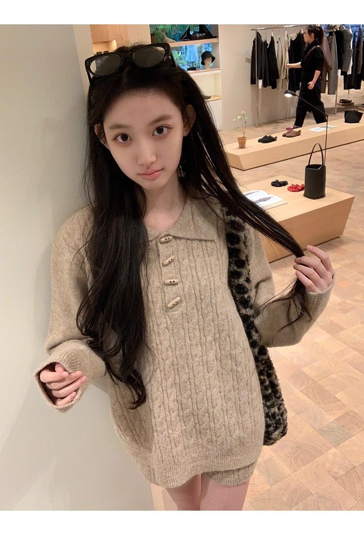 Oatmeal toggle wool twisted knitwear two-piece set
