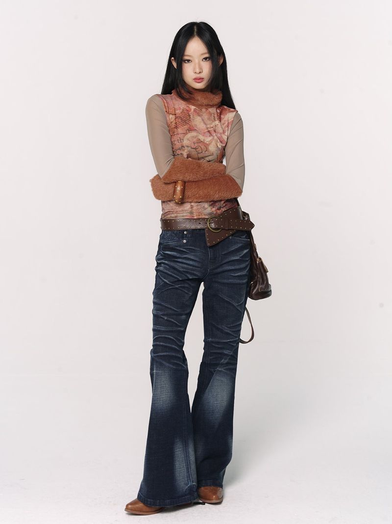 CONFUN Design sense three-dimensional cat whiskers, aged washed flared jeans style