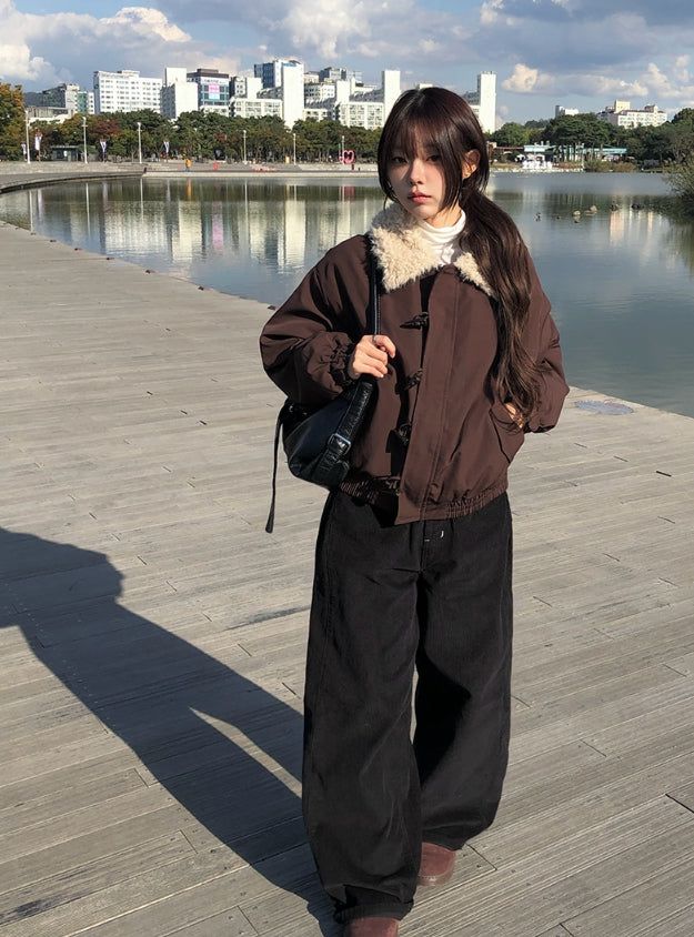 Ohe Wool Collar Duffle Quilting Padding Cotton Jacket