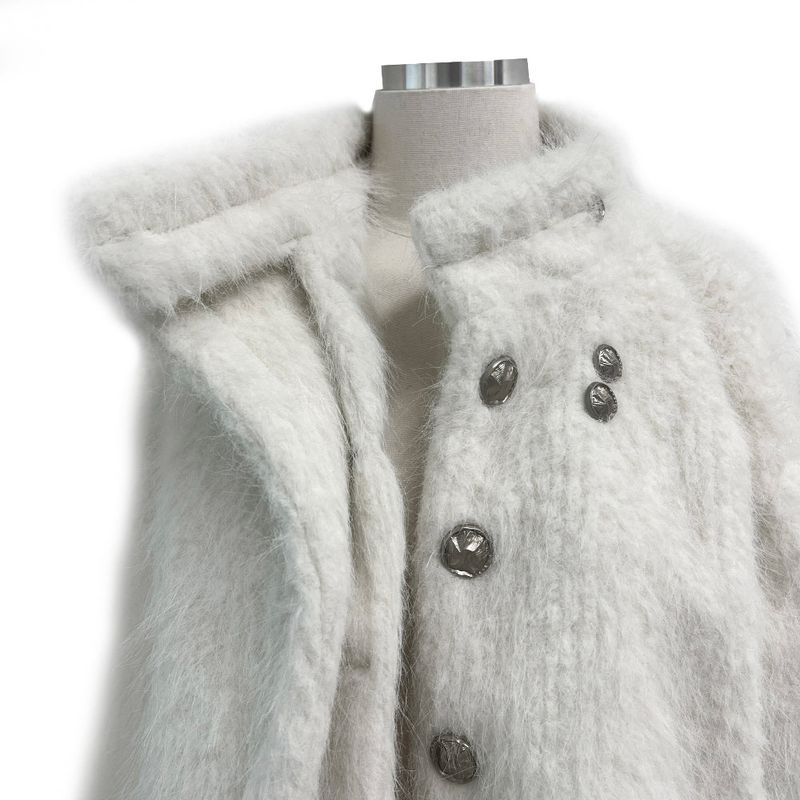 Classic Metal Wave Double Button High Neck Fur Coat (White)