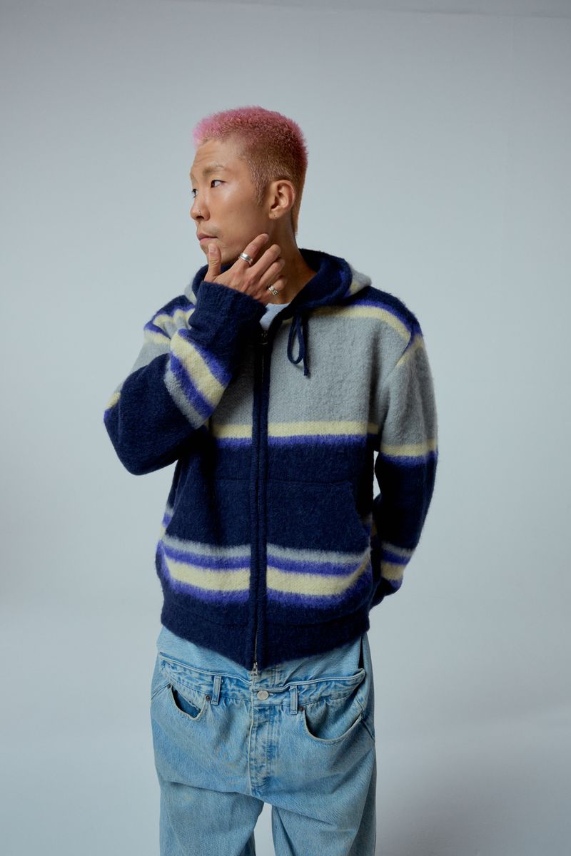 EEERRR Stripe brushed wool knit hoodie zip-up (Navy)