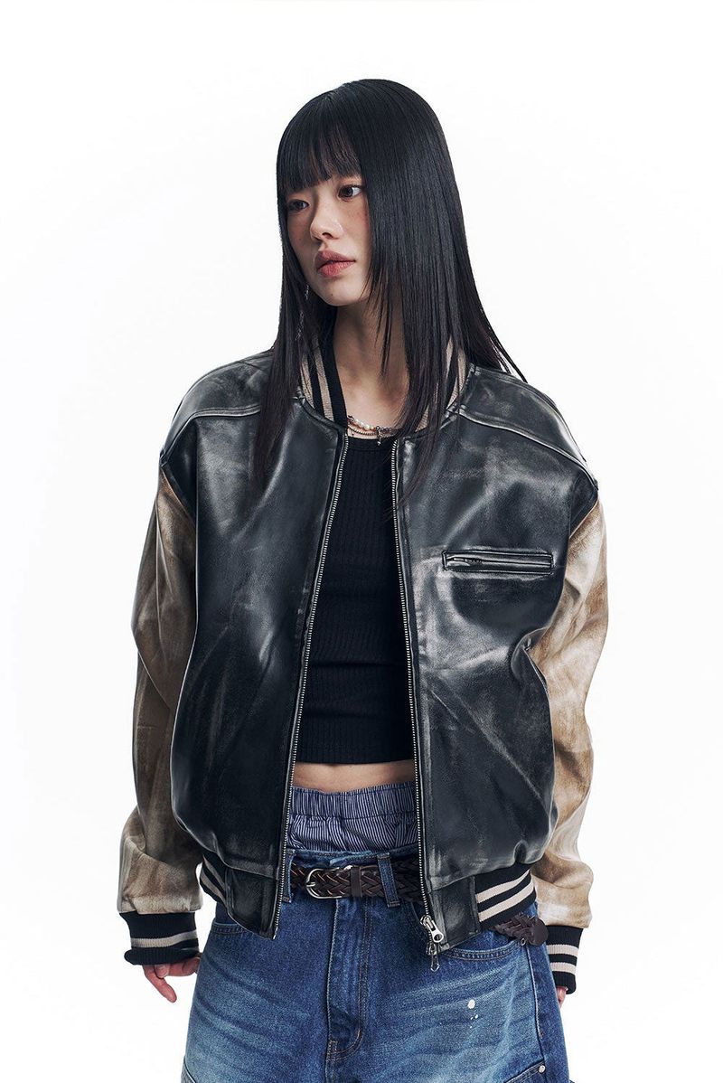 Dirty Washed Leather Varsity Jacket - Black