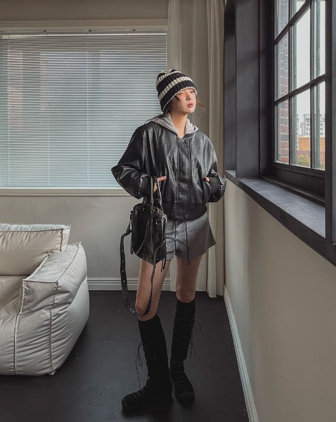 [Mink Lining] Phobia Winter Crop Leather Jacket