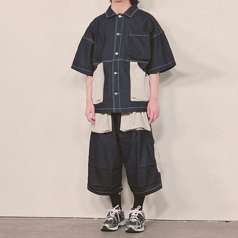 reverse terry pocket denim capri shorts_blue