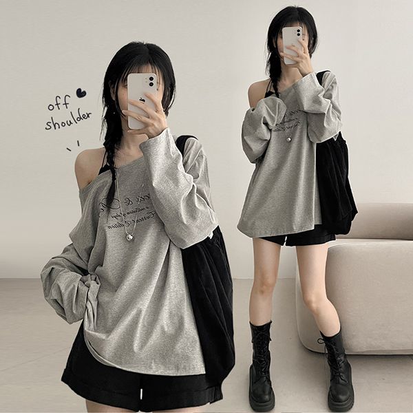 オフショルダー ロングスリーブ エディション レタリング Tシャツ (3 colors)