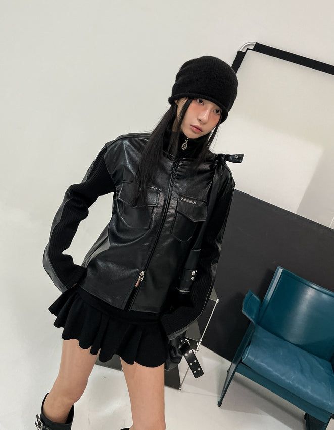 [LANARCH] Amber Leather Pocket Neck Zip-Up