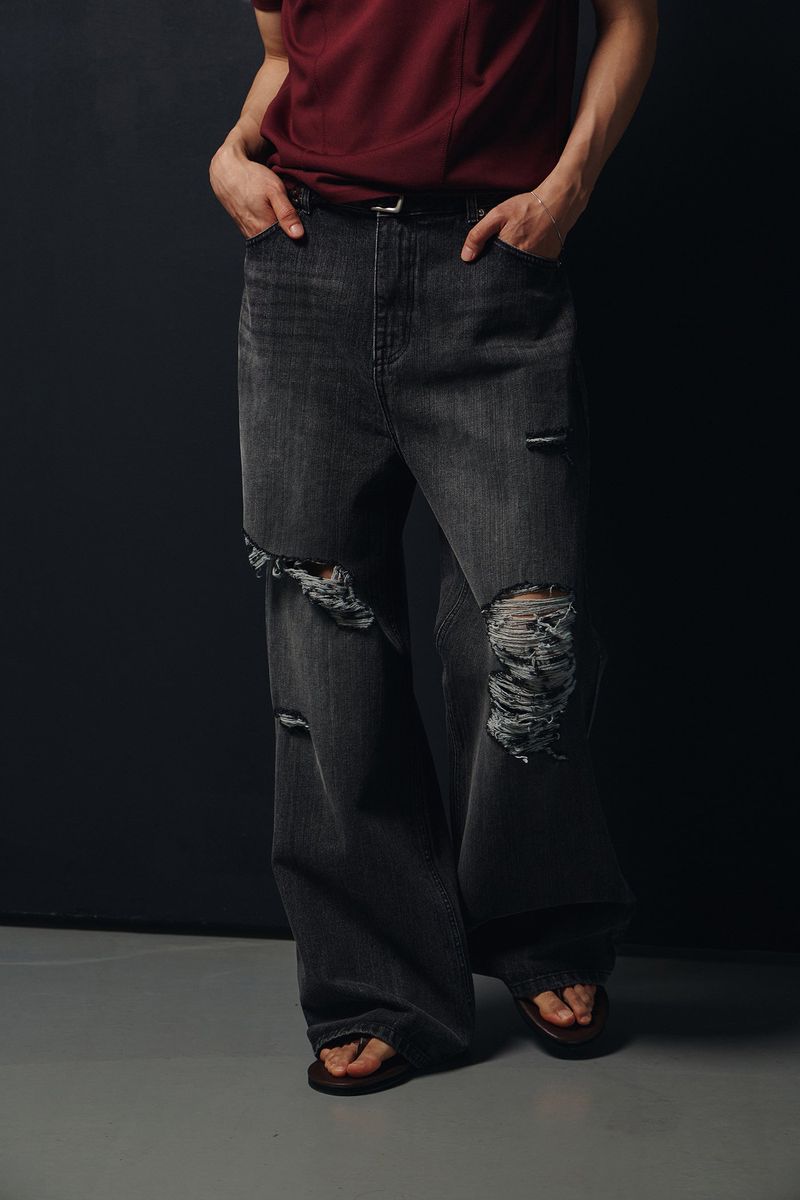 Washed damage wide flare denim pants(Black)