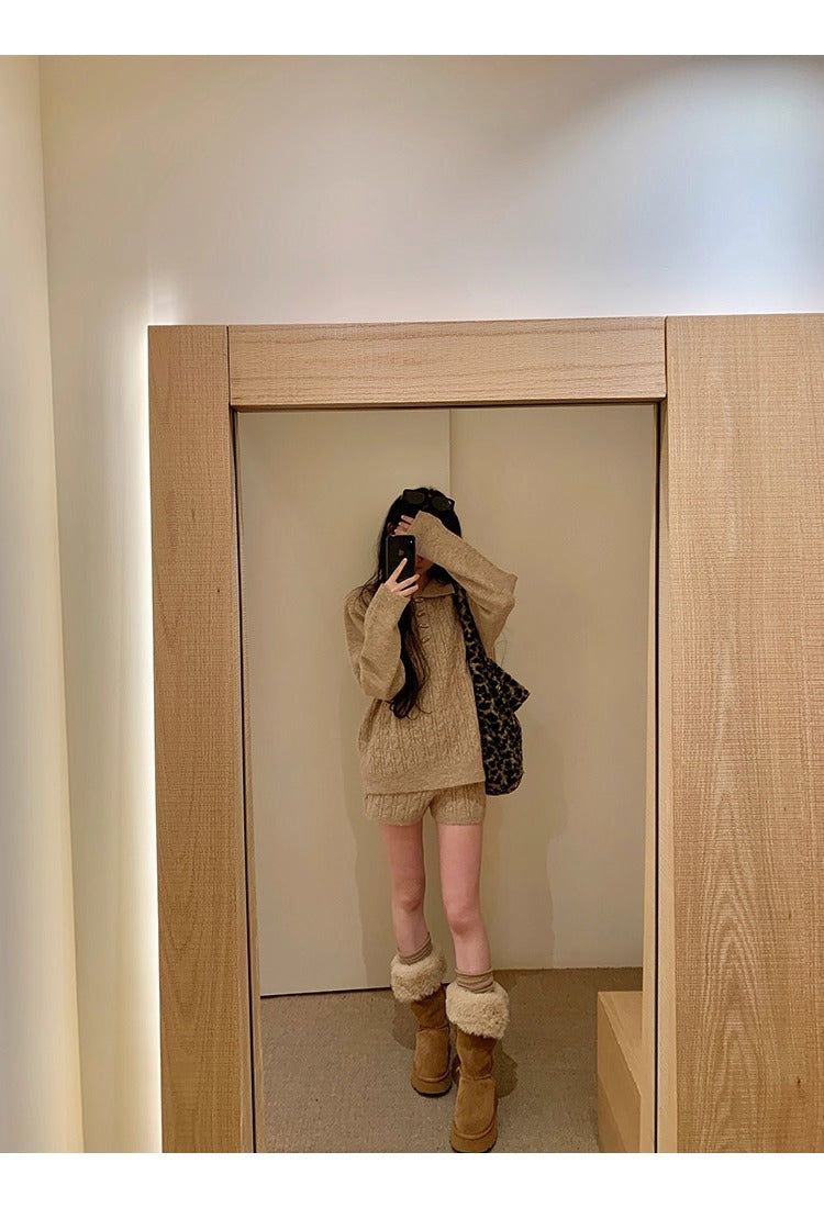 Oatmeal toggle wool twisted knitwear two-piece set
