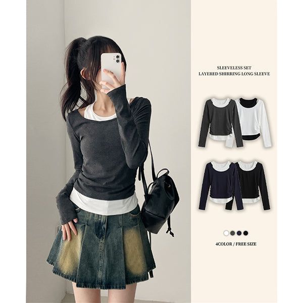 hijjoo（ハイチュー）の「Square neck shirring layered long-sleeved shirt（Tops）」
