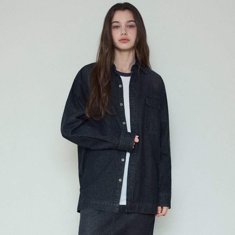 Washed Flap Denim Shirt_Black