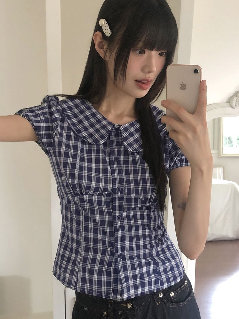 WONDER WONDER(ワンダーワンダー)の「Ward Round Collar Puff Checkered Blouse(Tops)」