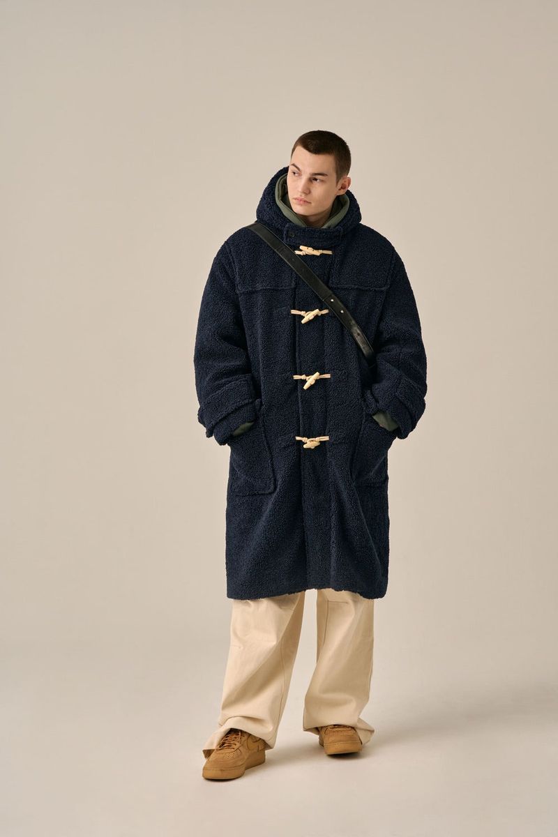 DUFFLE FLEECE HOODED COAT - NAVY