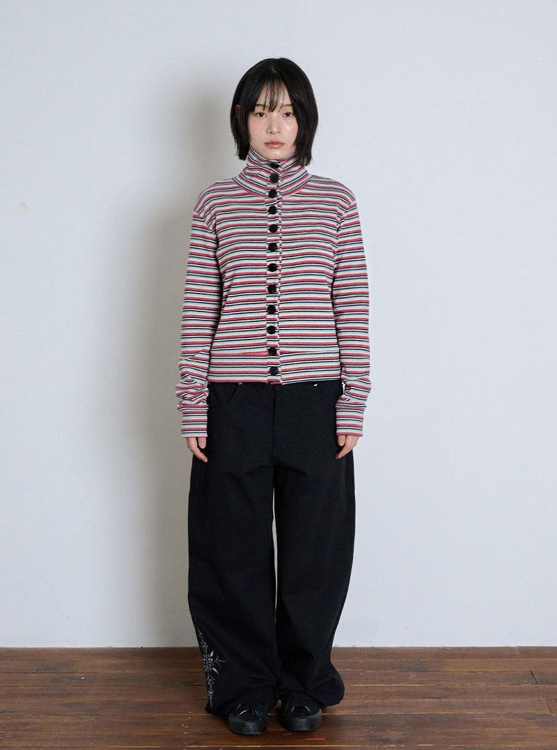 STRIPED HIGH NECK BUTTON CARDIGAN - GRAY