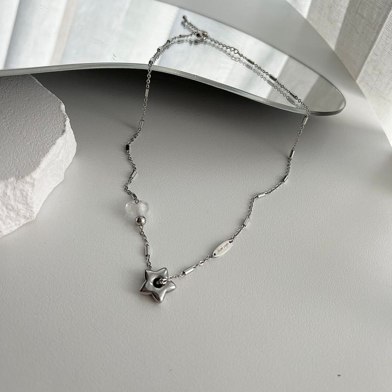 stb hip star y2k stainless steel star white crystal gemstone layered two-way ball necklace