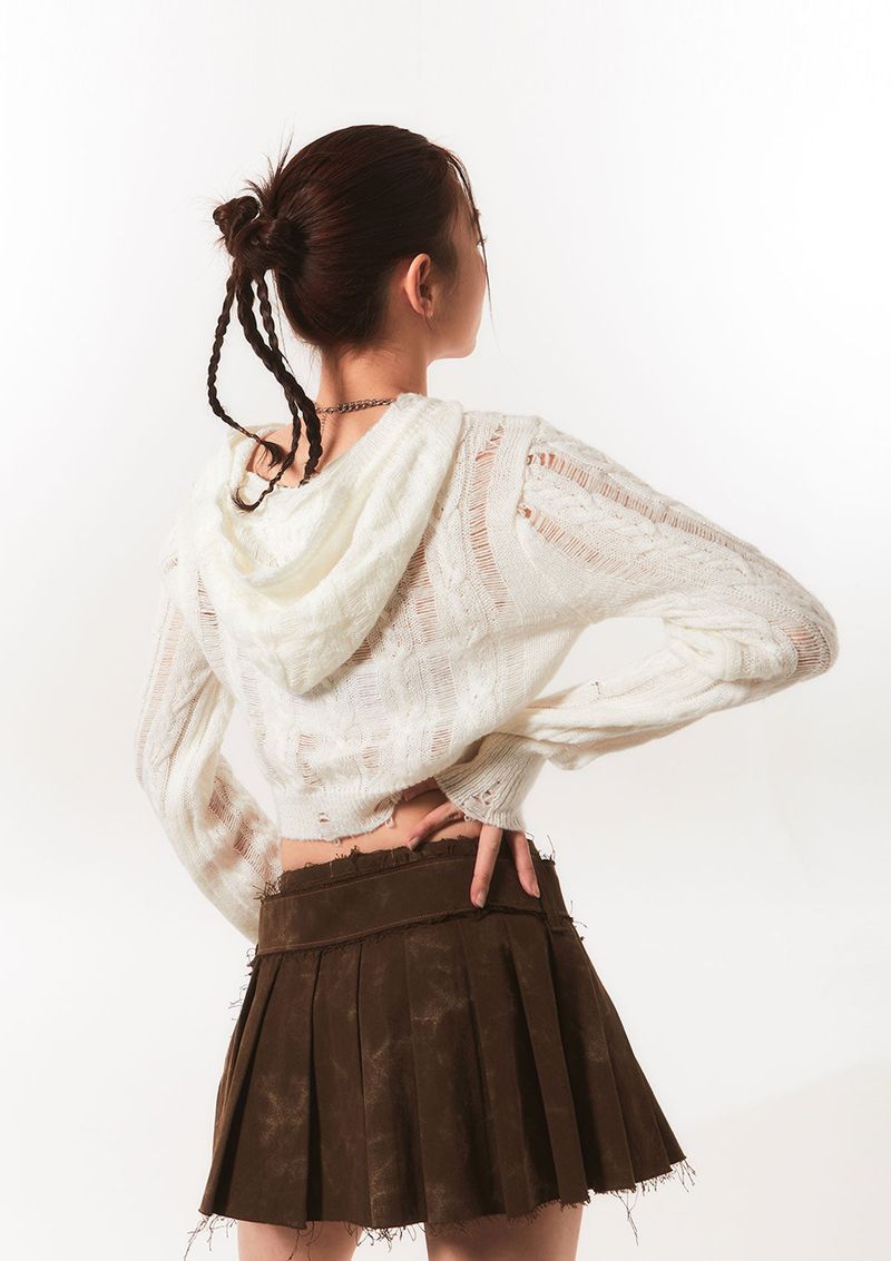 rough belted pleats sk - brown