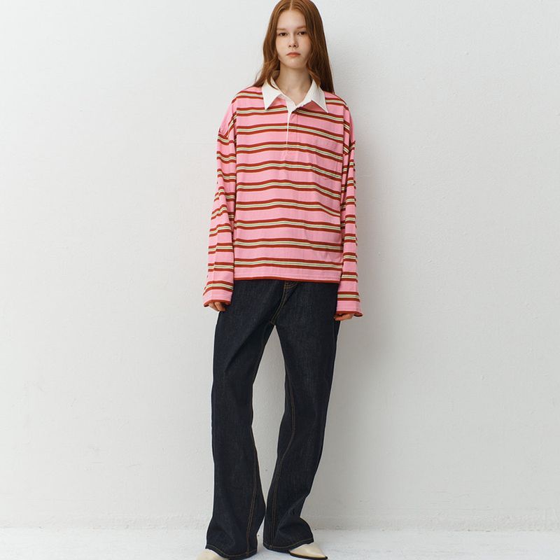 Oversized Stripe Collar T-Shirts_Pink