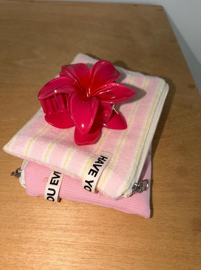 Terry candy stripe flat pouch - pink , S size