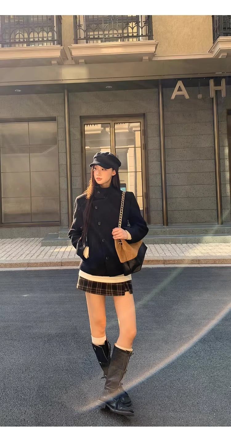 Royal black high-neck wool jacket