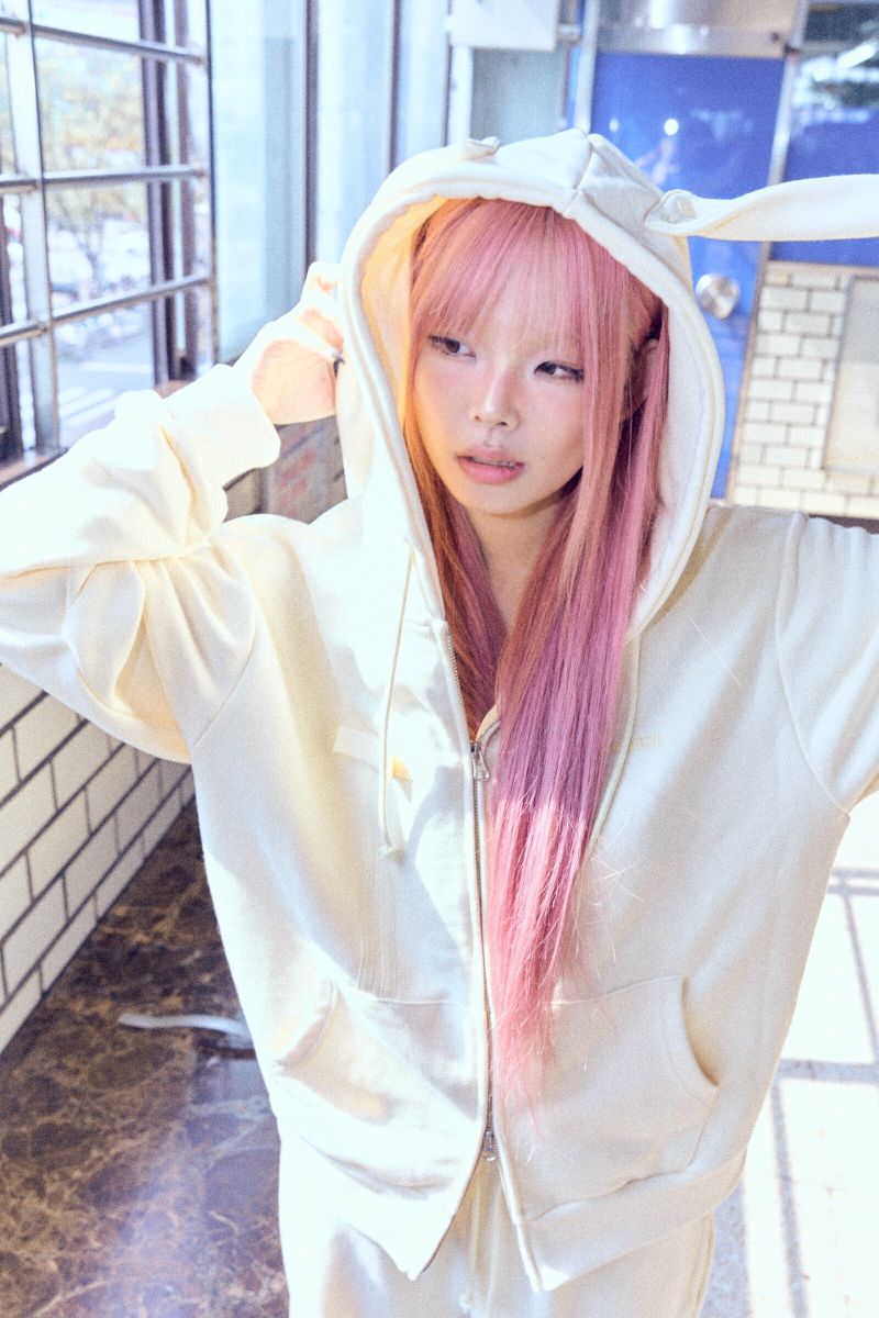 Ribbon bunny hood zip-up (soft yellow)