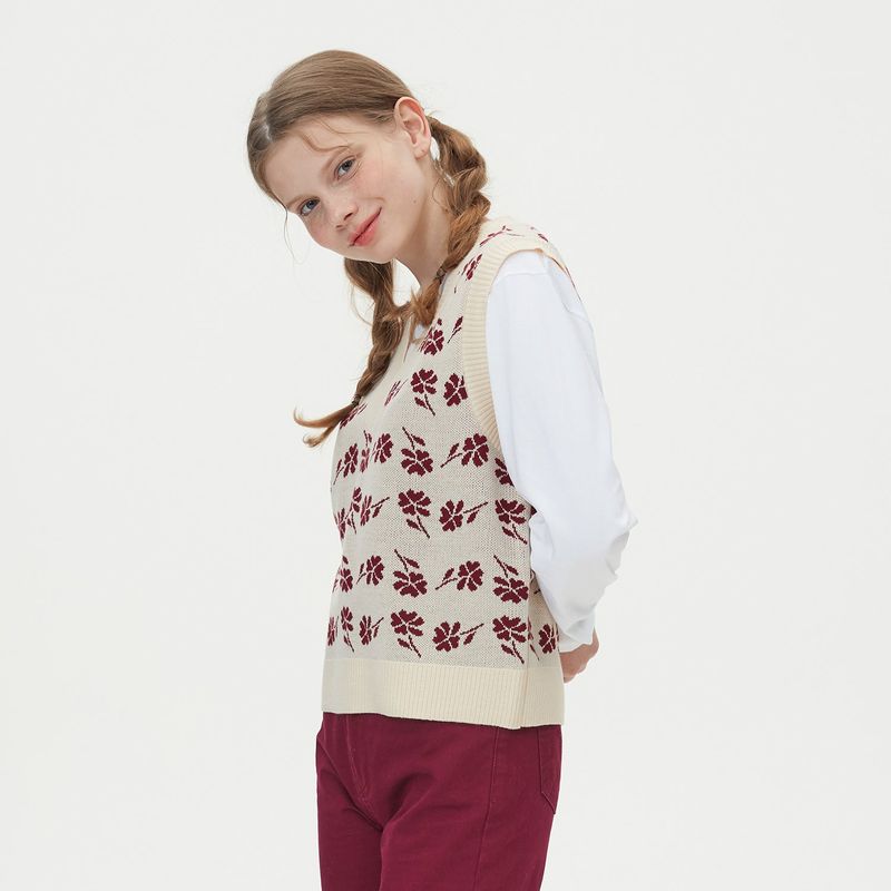 FLOWER JAQUARD KNIT VEST_BEIGE