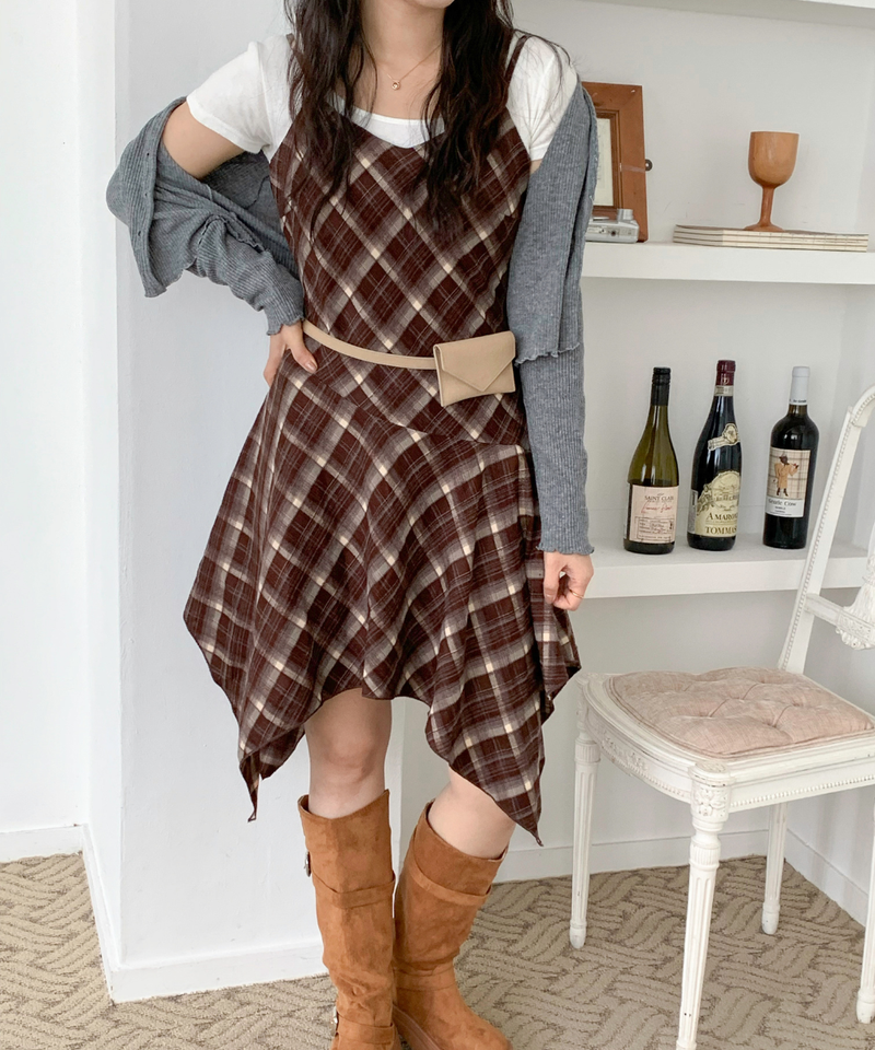 Mute Unbalanced Bustier Checkered Dress