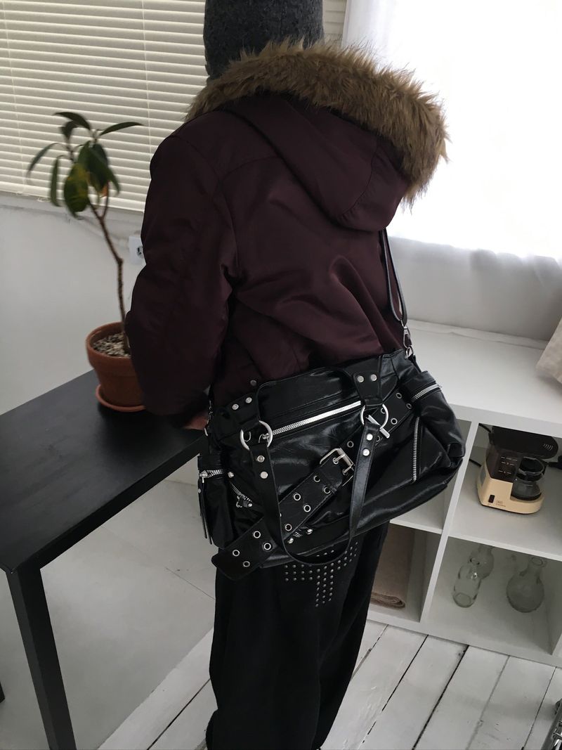 Belt Stud Accent Leather Crossbody Shoulder Bag