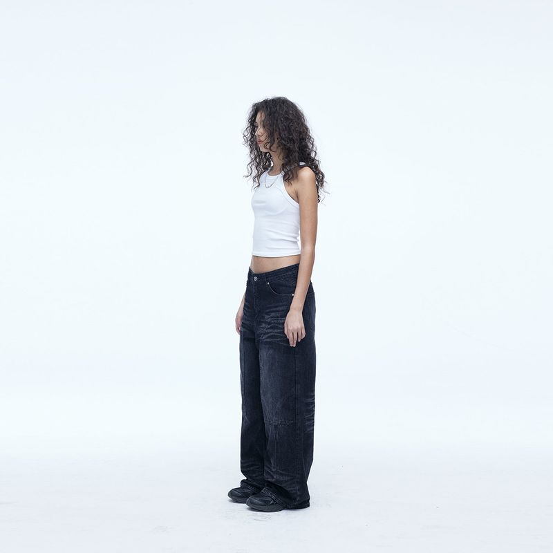 Double Knee Carpenter Wide Denim Pants Black