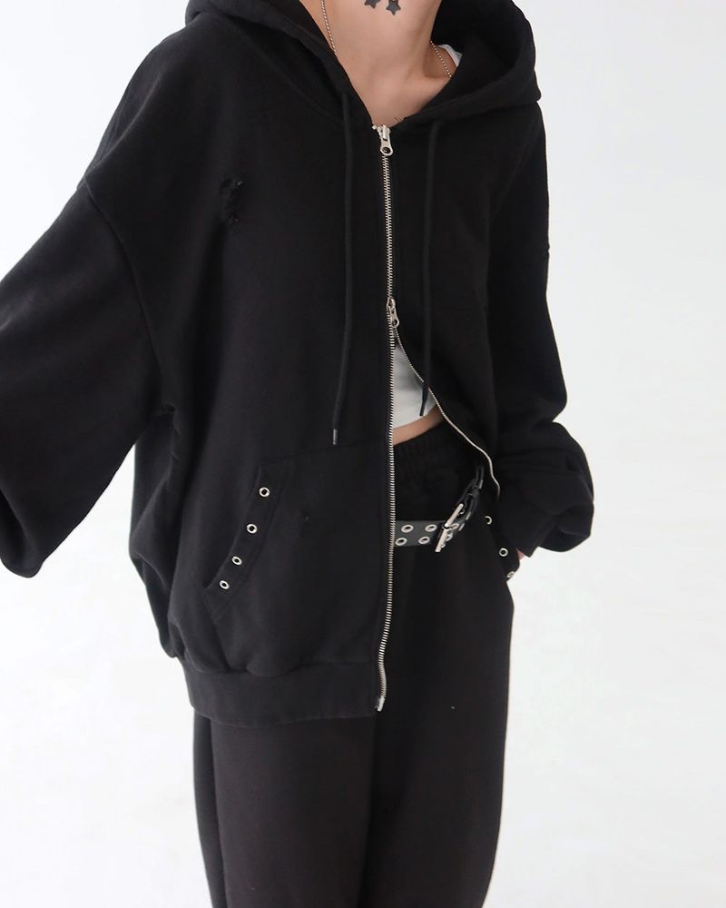 Punching Eyelet Damage Oversized-Fit Hooded Zip-Up