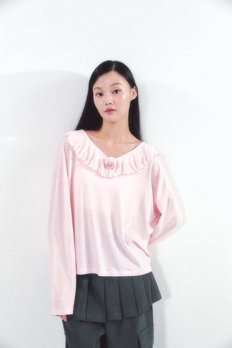Rose Brooch Frill Long Sleeve Pink