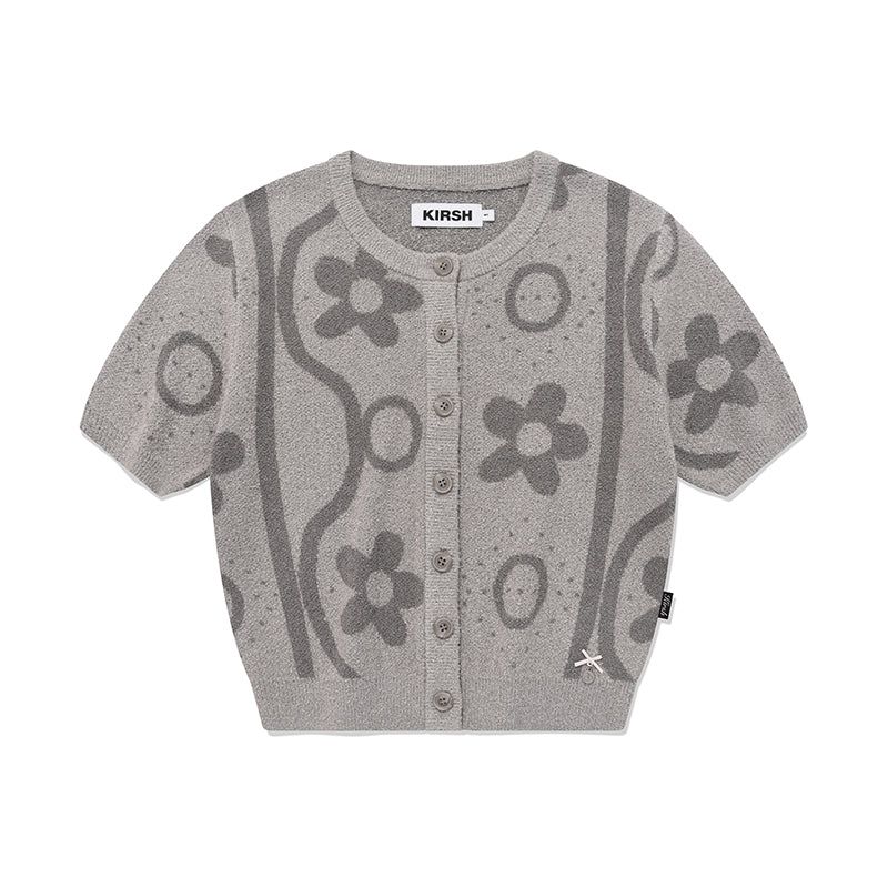 CHERRY JACQUARD PATTERN SHORT SLEEVE CARDIGAN [MELANGE GRAY]