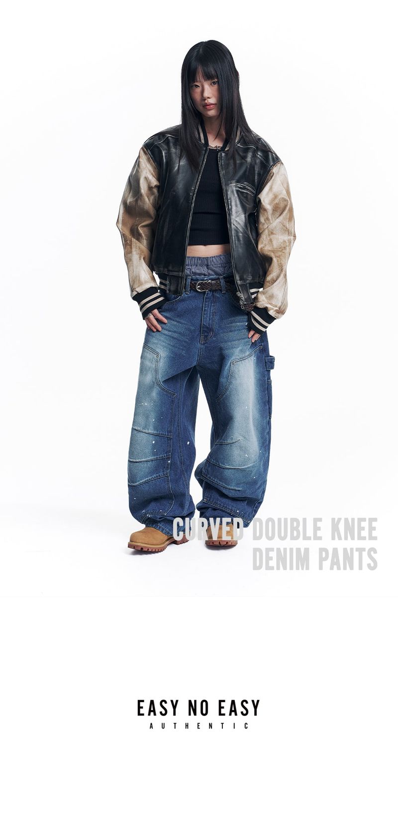 Curved Double Knee Denim Pants - Deep Blue