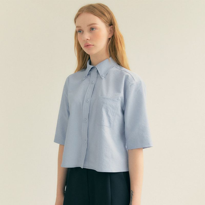 Stripe Wrinkle Pocket Crop Shirt (Light blue)