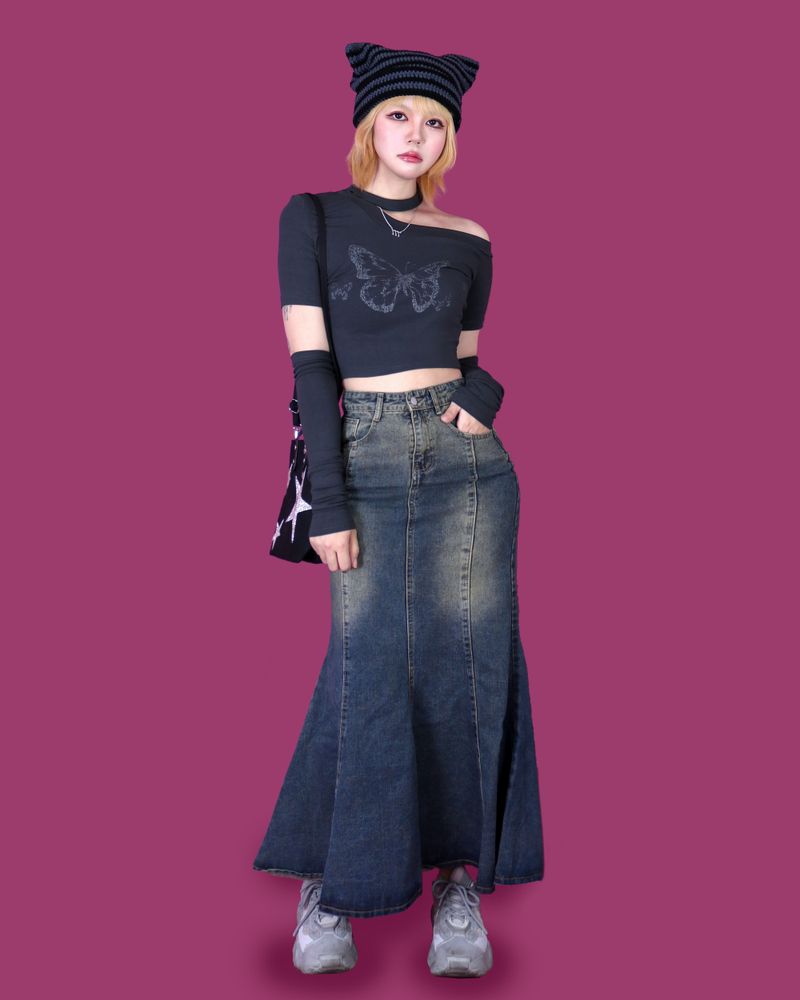 caramel denim long skirt