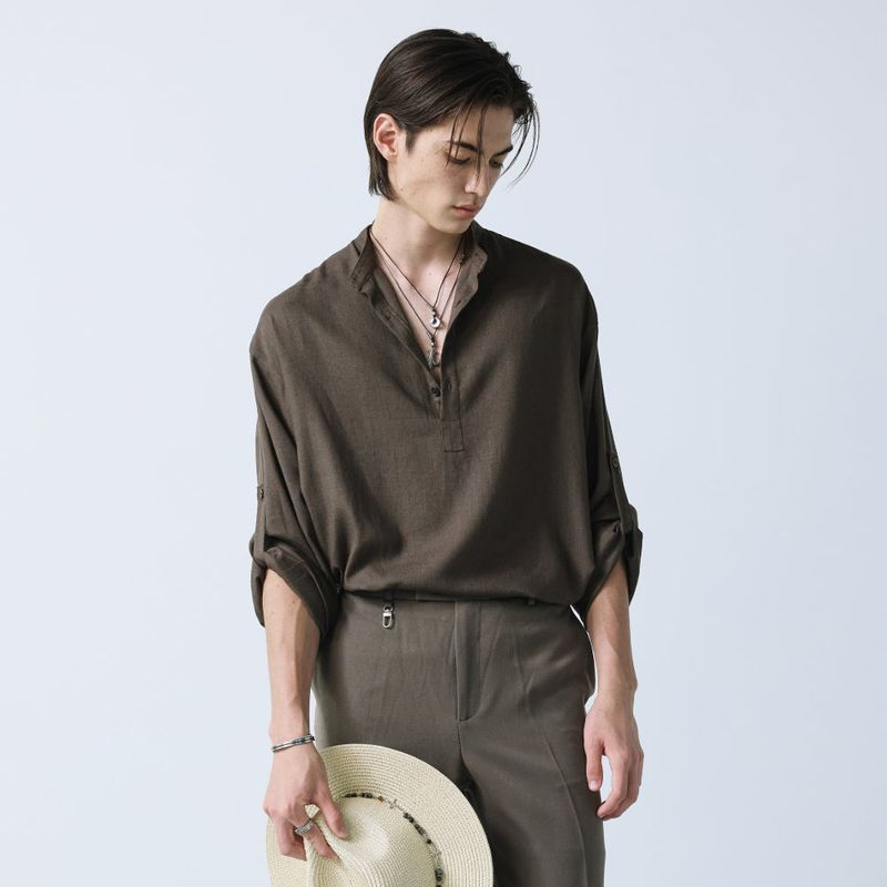 linen concho roll up shirt brown