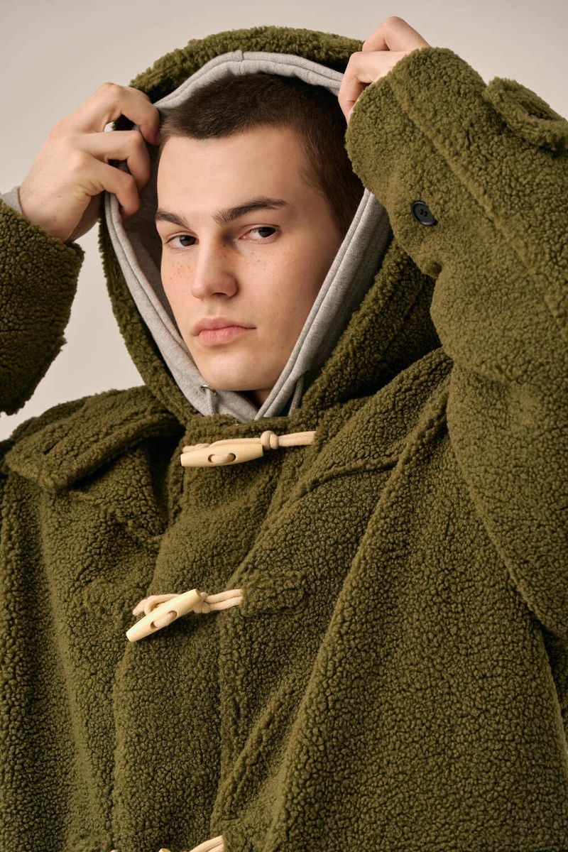 DUFFLE FLEECE HOODED COAT - KHAKI