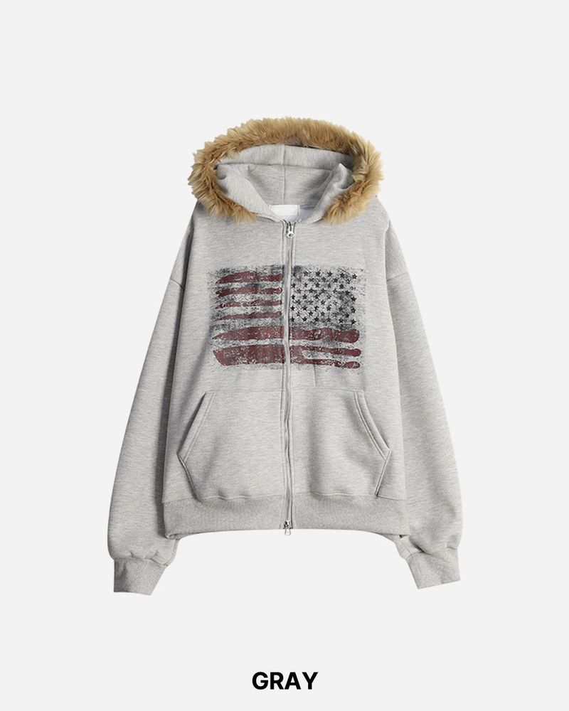 Flag Crop Napping Zip-up Hoodie