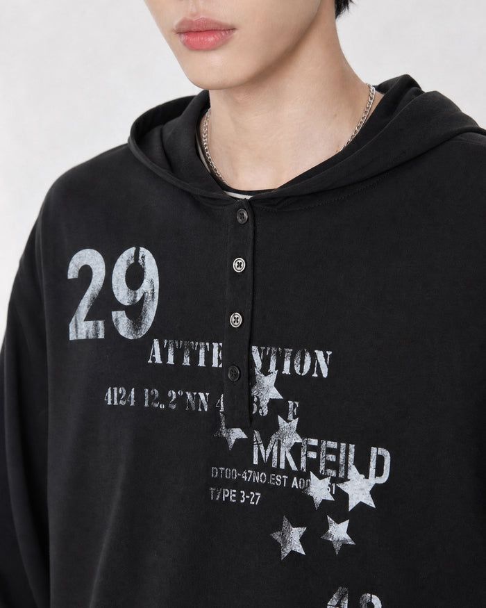 (UNISEX) Attack Henley Hooded Long Sleeve
