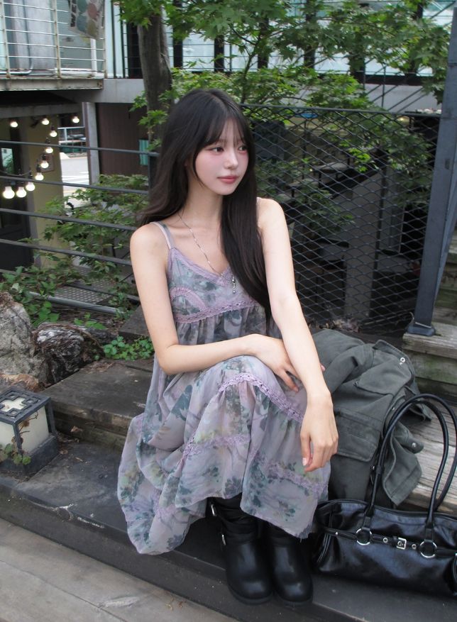 Misty Mauve Flower Chiffon Long One Piece