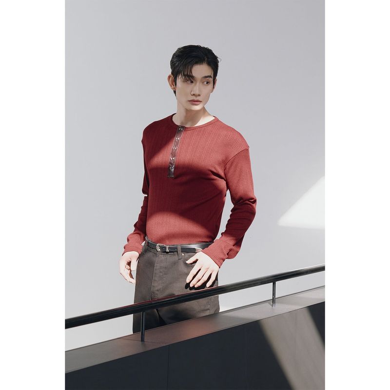 Leather ribbed henry neck long sleeves(Burgundy)