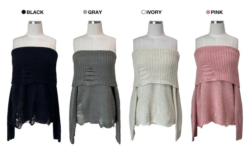 Damage Off-Shoulder Long Sleeve Knit (4 Colors)