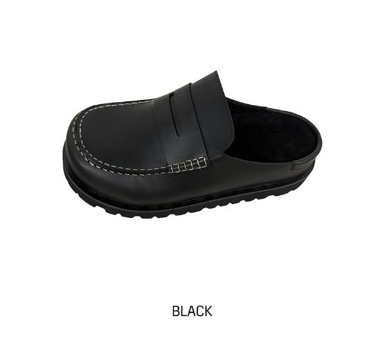 Stitched Leather Penny Loafer Mules
