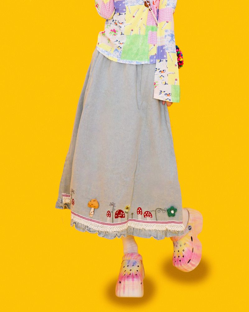 mushroom denim long skirt (2color)