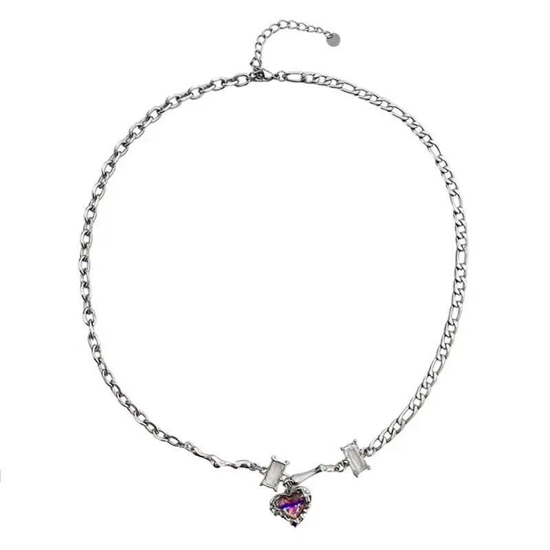 0096 Violet heart stone chain necklace