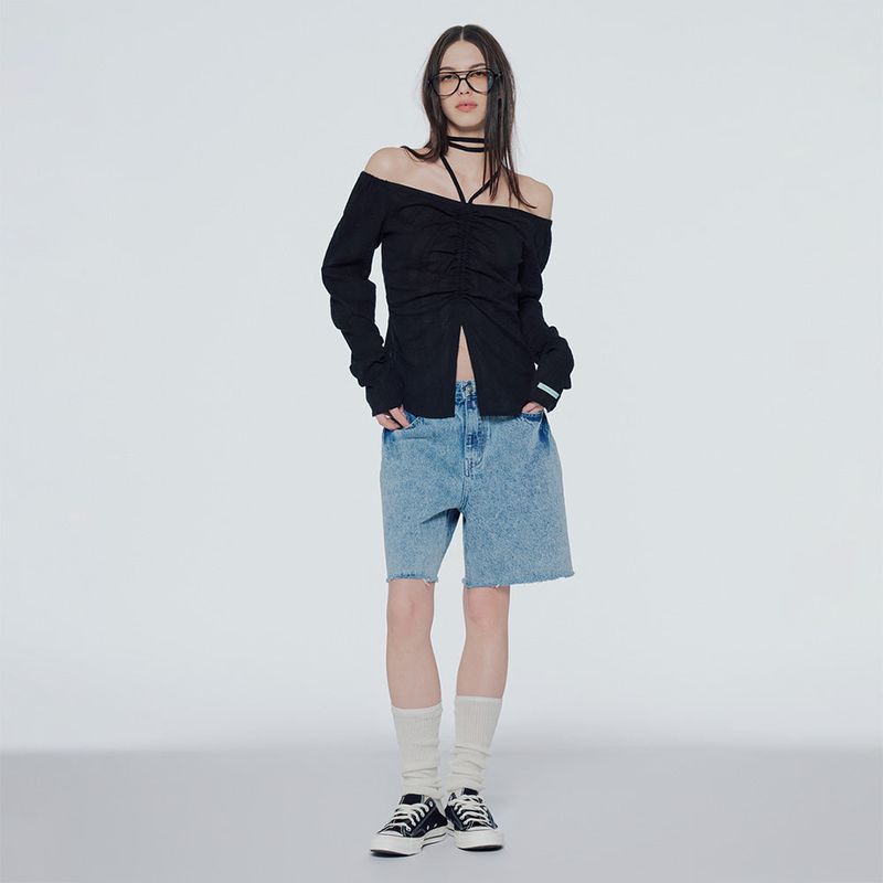 Off-the-shoulder shirred blouse