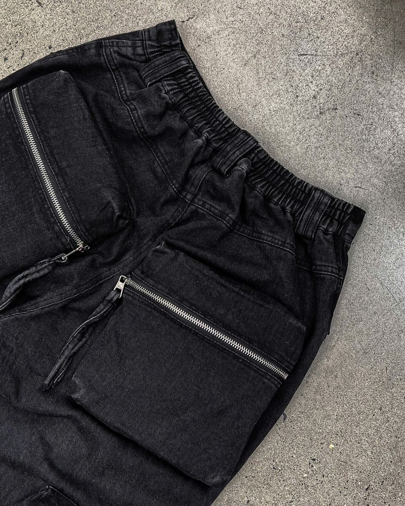 BLACK-WASH DENIM CARGO FLARE PANTS