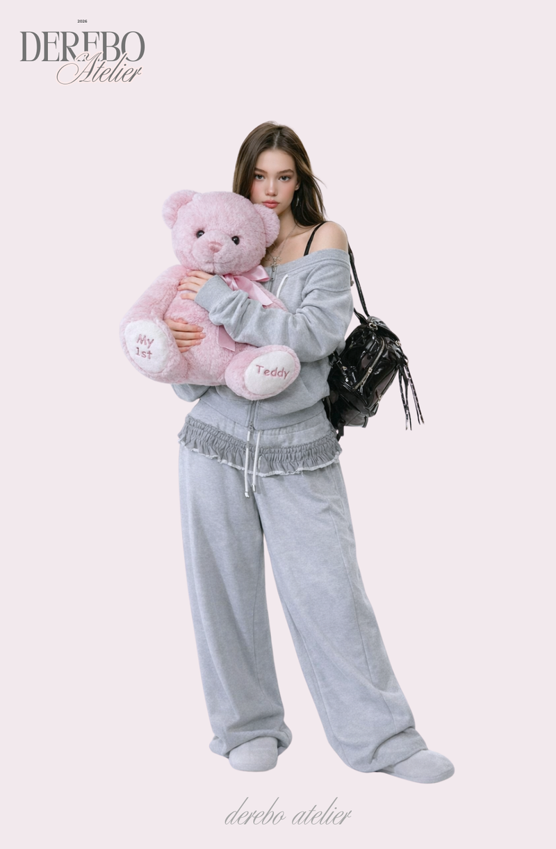 Grey off-shoulder zip-up frill training setup (SET)