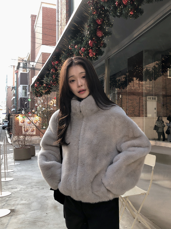 #Elegant Hairy Crop Zip-up Fur Jacket (2color)