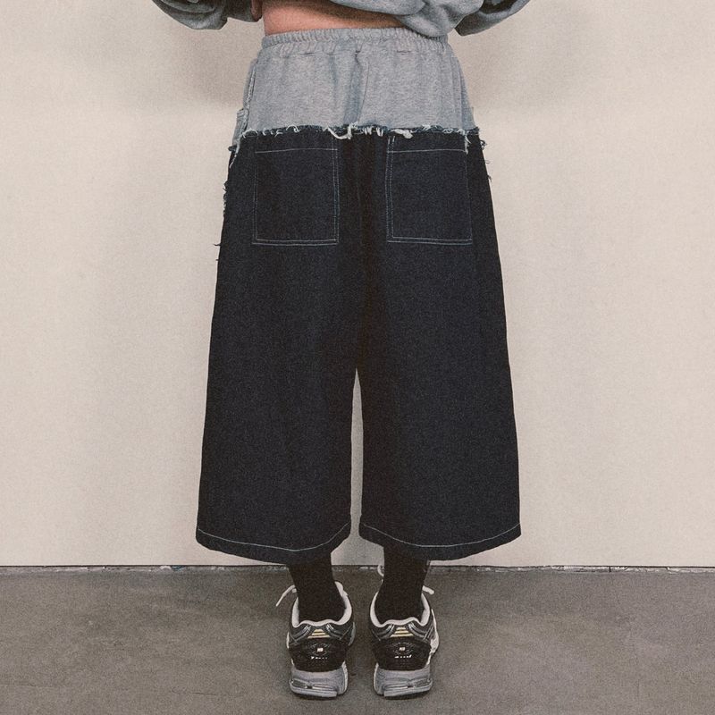 layered deconstructed denim capri shorts_blue