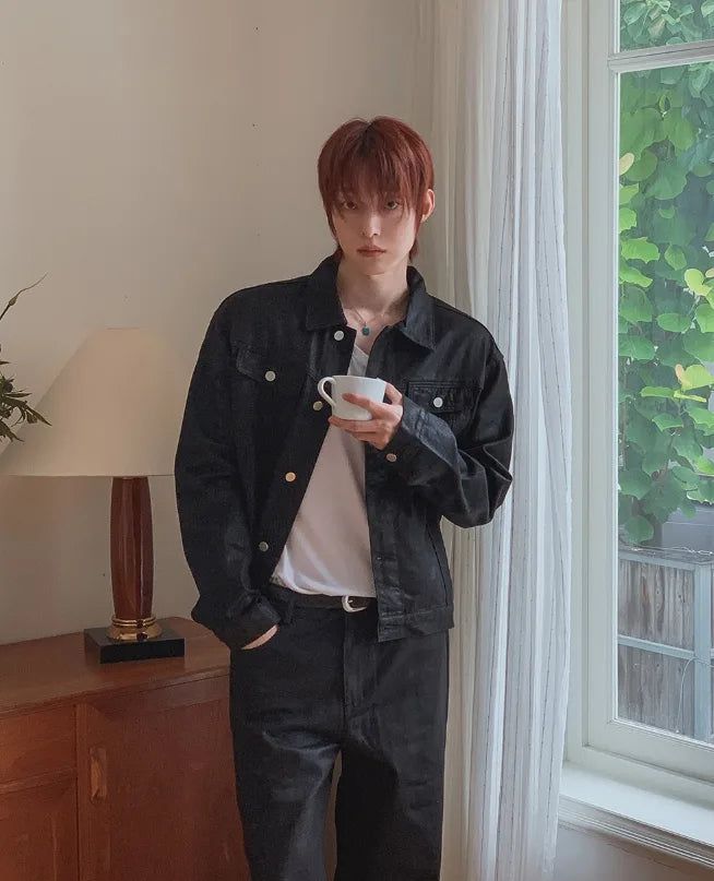 Kanto Coated Black Denim Trucker Jacket