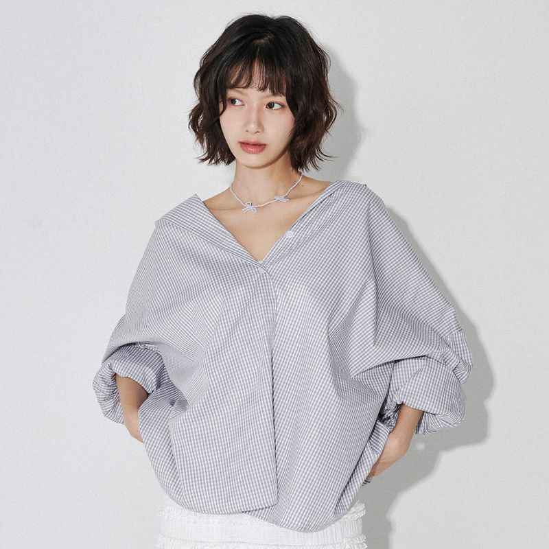 チェックフードシャツ (LIGHT GRAY)